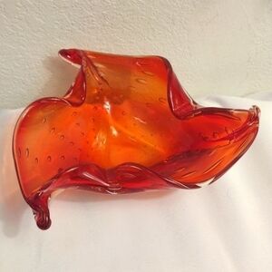 𝅺mid-century modern murano folded glass candy dish bowl redish-orange Italy